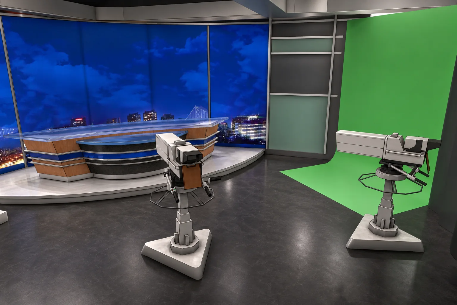Broadcast studio rendering generated with AI Enhance from a SketchUp scene