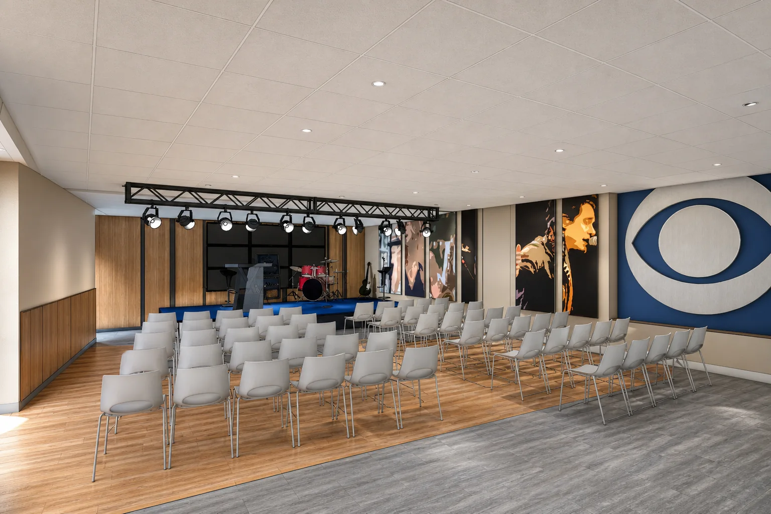 Event and presentation space rendering created with AI Enhance for SketchUp