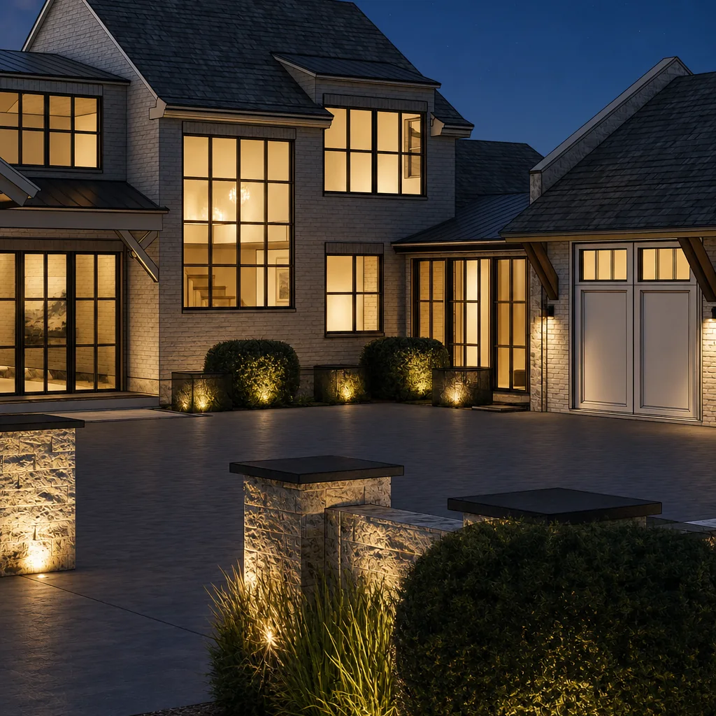 Evening residential exterior visualization rendered with AI Enhance for SketchUp