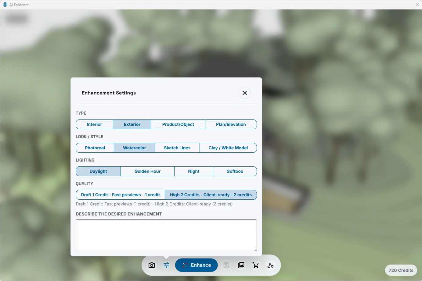 Setting enhancement style and prompt before rendering.