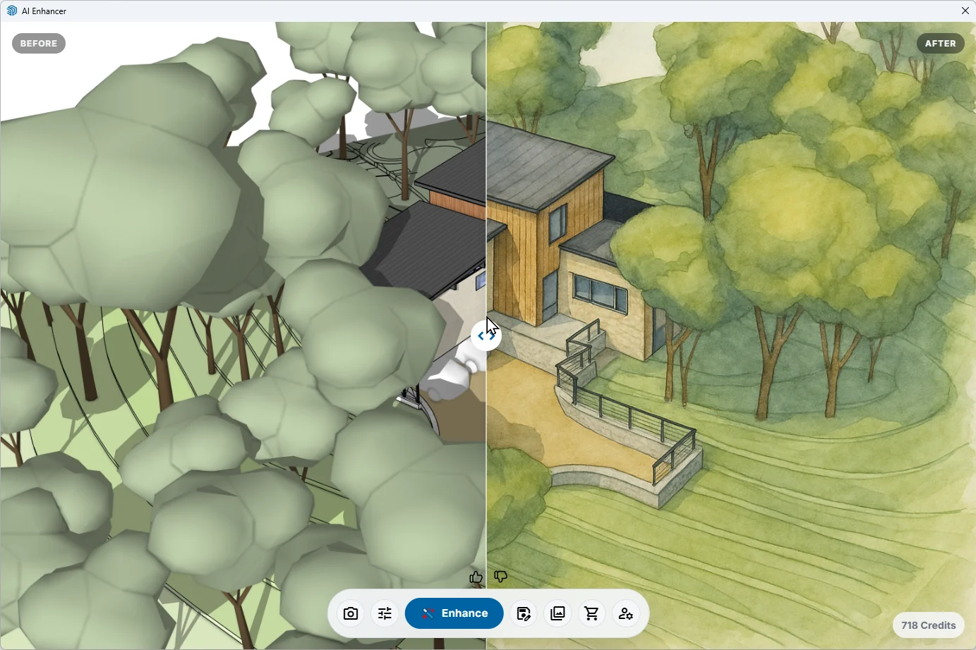 Side-by-side comparison of SketchUp view and enhanced render.