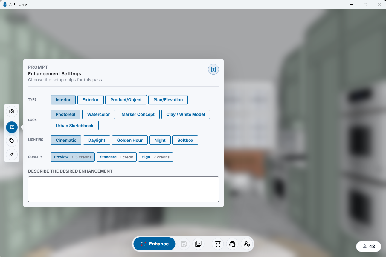 AI Enhance Enhancement Settings showing type, look, lighting, quality, and prompt controls before rendering