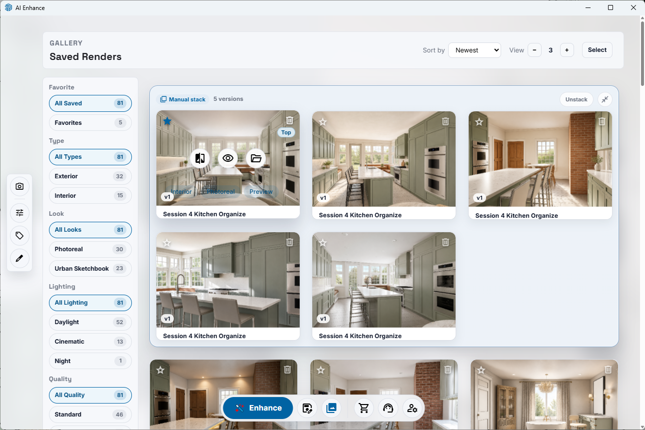 AI Enhance Gallery showing saved render stacks, versions, filters, and favorites