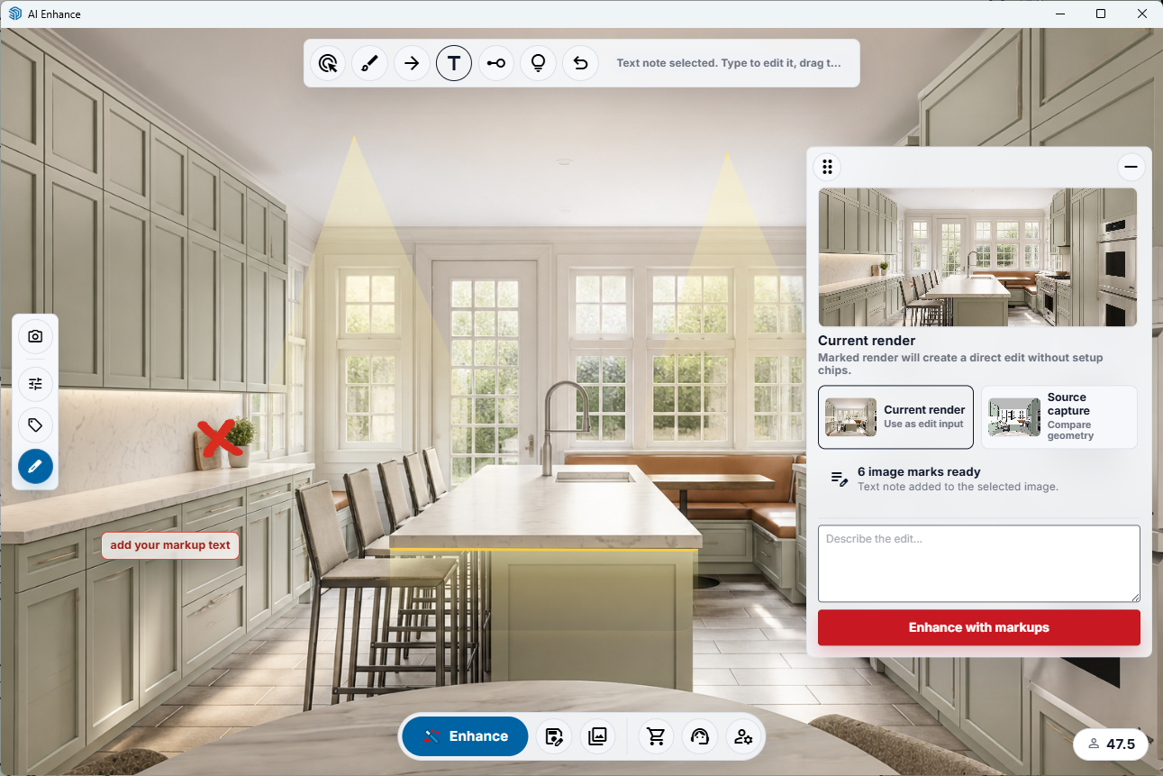 AI Enhance Markup tool with red note, light cones, and enhance with markups panel