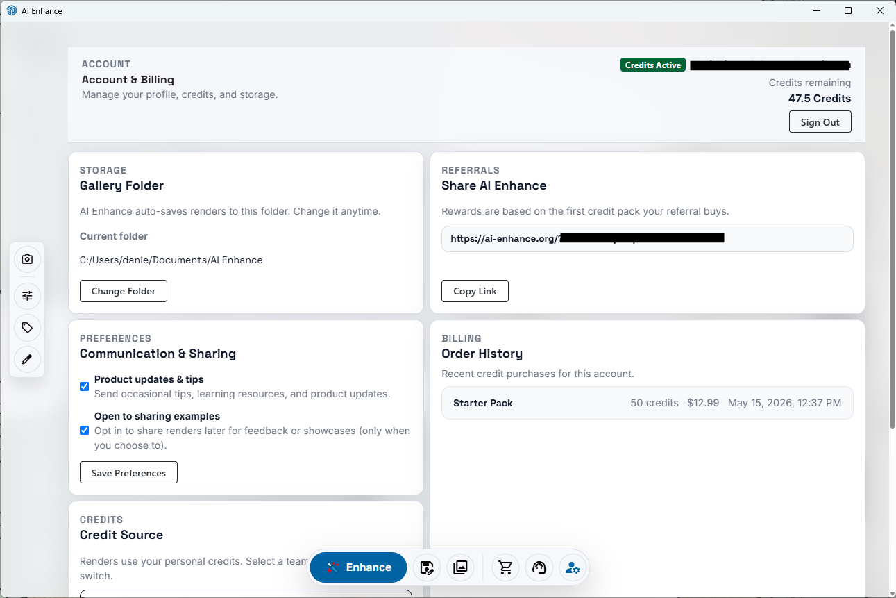 AI Enhance Account and Billing screen with referral sharing and credits remaining