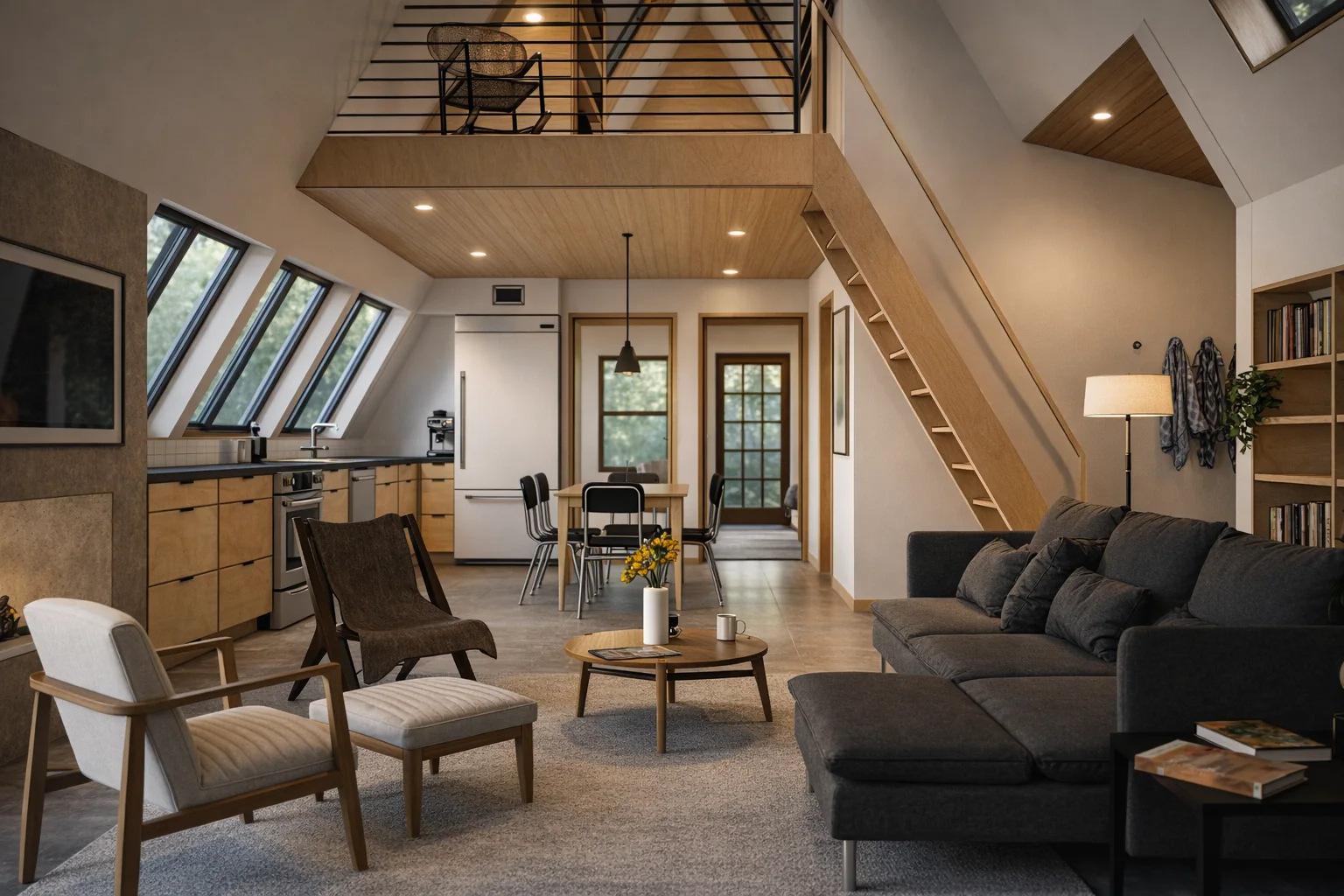 AI-enhanced photorealistic rendering of the same living room with realistic lighting, shadows, and materials.