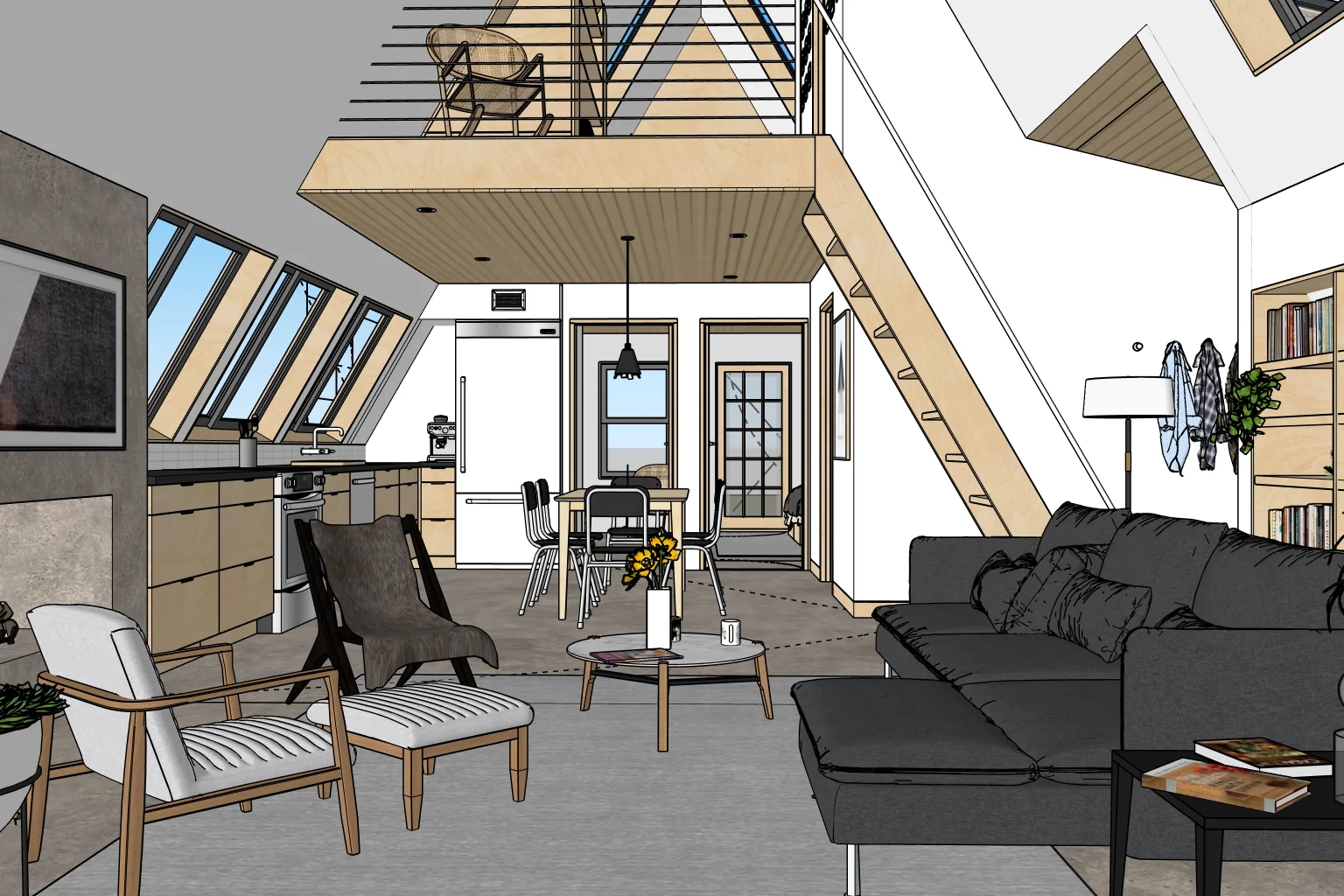 Original SketchUp model of a modern living room with basic textures and lighting.